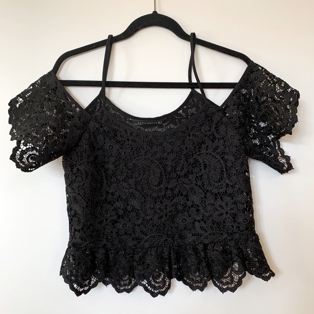 Zara Black Off The Shoulder Lace Peplum Top Small